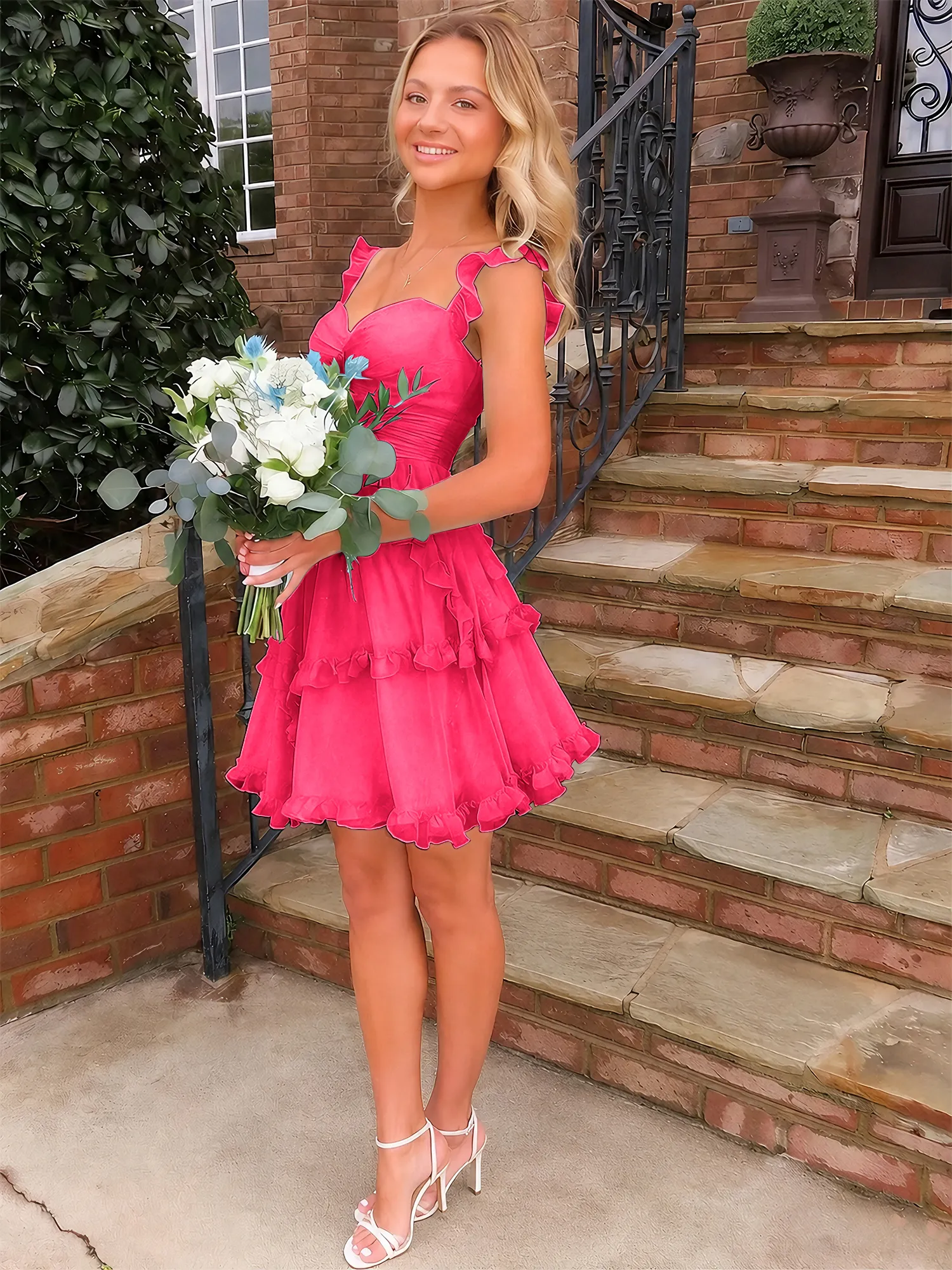 Sweetheart Ruffle Strap Tiered Chiffon Mini Homecoming Dress