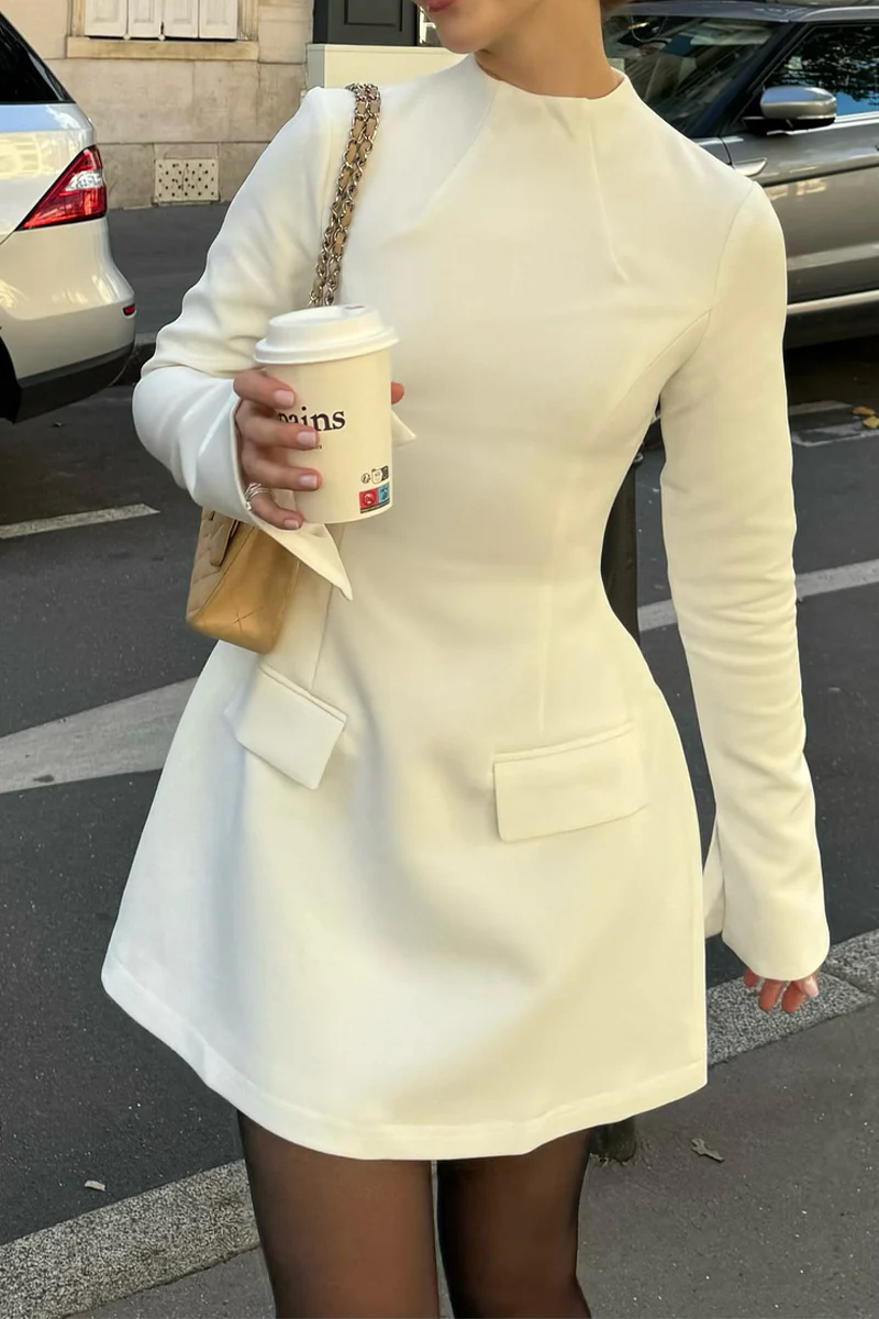 Women Round Neck Solid Color Splicing Elegant Temperament Dress
