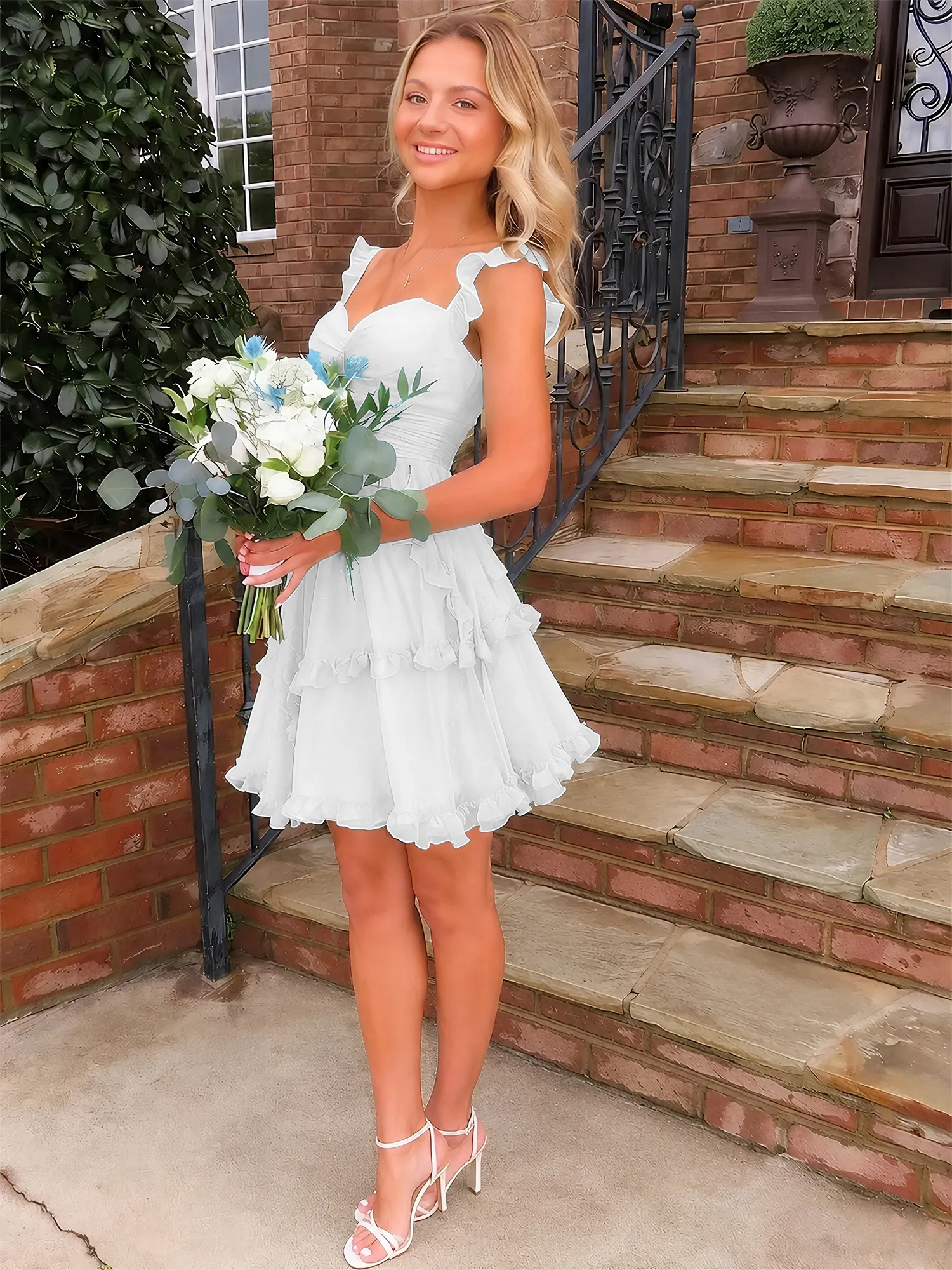 Sweetheart Ruffle Strap Tiered Chiffon Mini Homecoming Dress