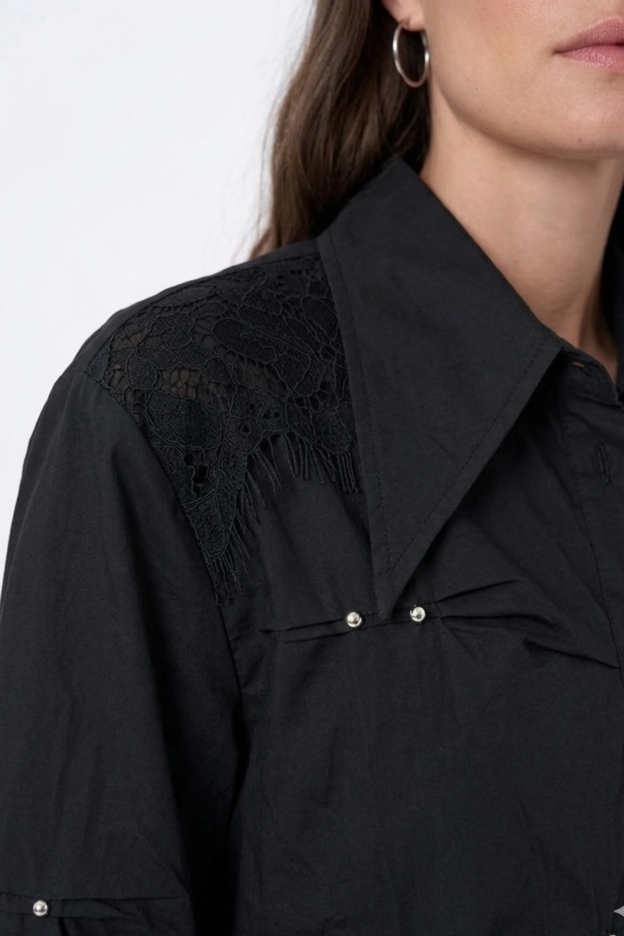 Black Lace Detail Studded Collar Shirt