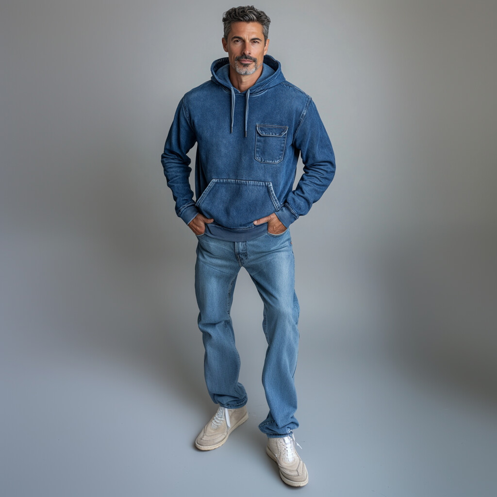 Men's Casual Denim Flap Pocket Drawstring Hoodie
