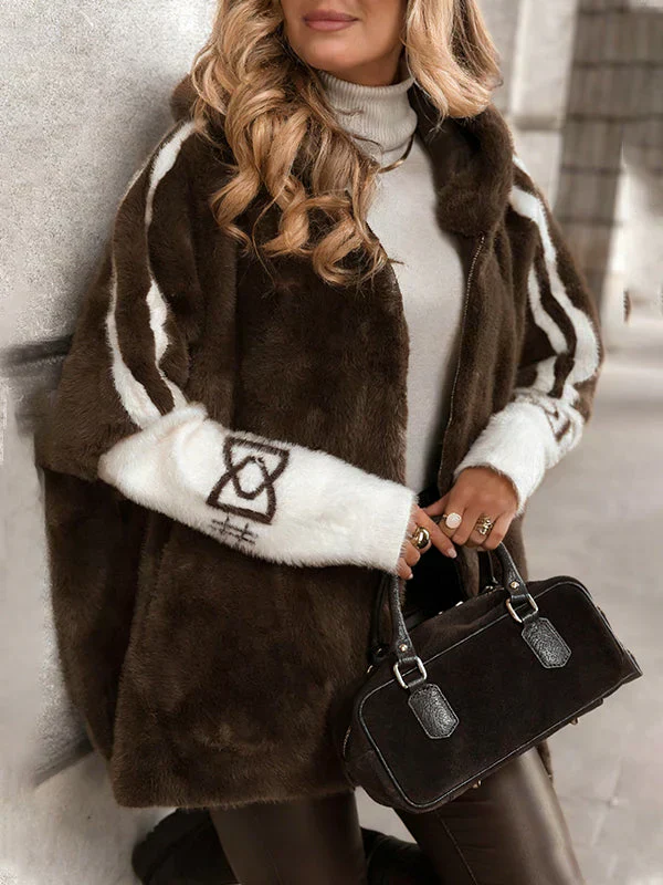 Women Plush Hooded Vertical Stripe Printed Casual Coat