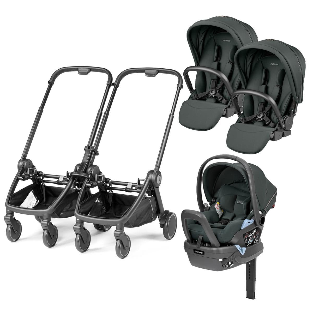 PEG City Loop Double Stroller + Primo Viaggio Lounge Travel System Bundle - Black / Metal / Metal