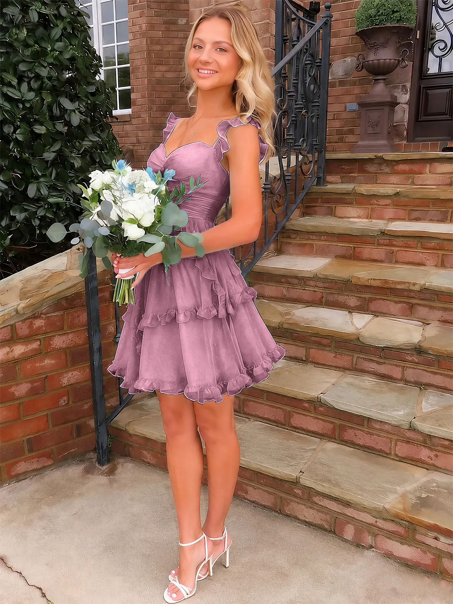 Sweetheart Ruffle Strap Tiered Chiffon Mini Homecoming Dress