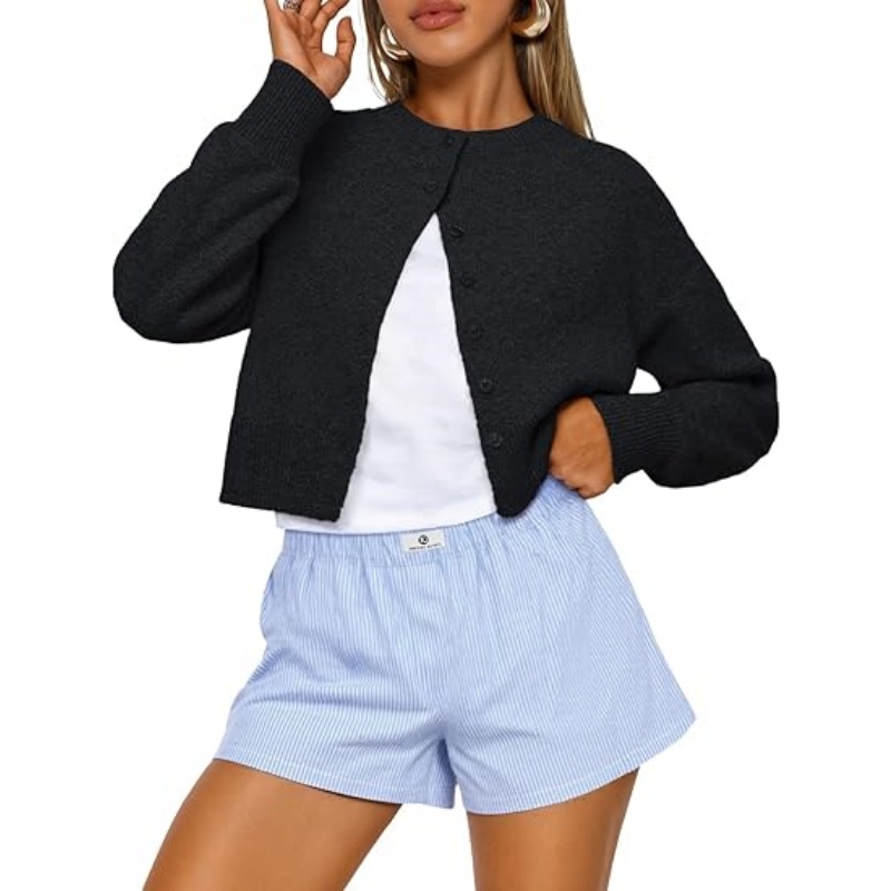 Women Cropped Knit Cardigan Long Sleeve Button Down Crew Neck Lightweight Fall Casual Knit Sweater Outerwear
