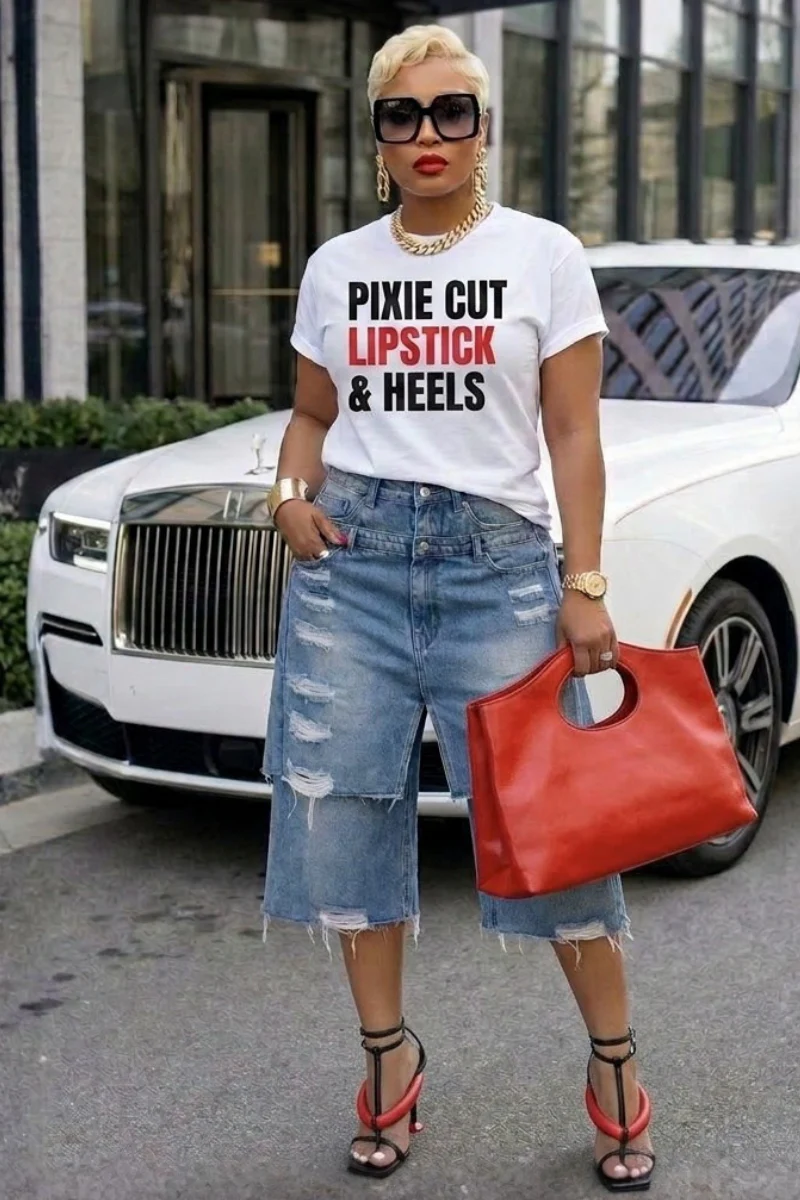 Pixie Cut, Lipsitck, & Heels Tshirt (White)