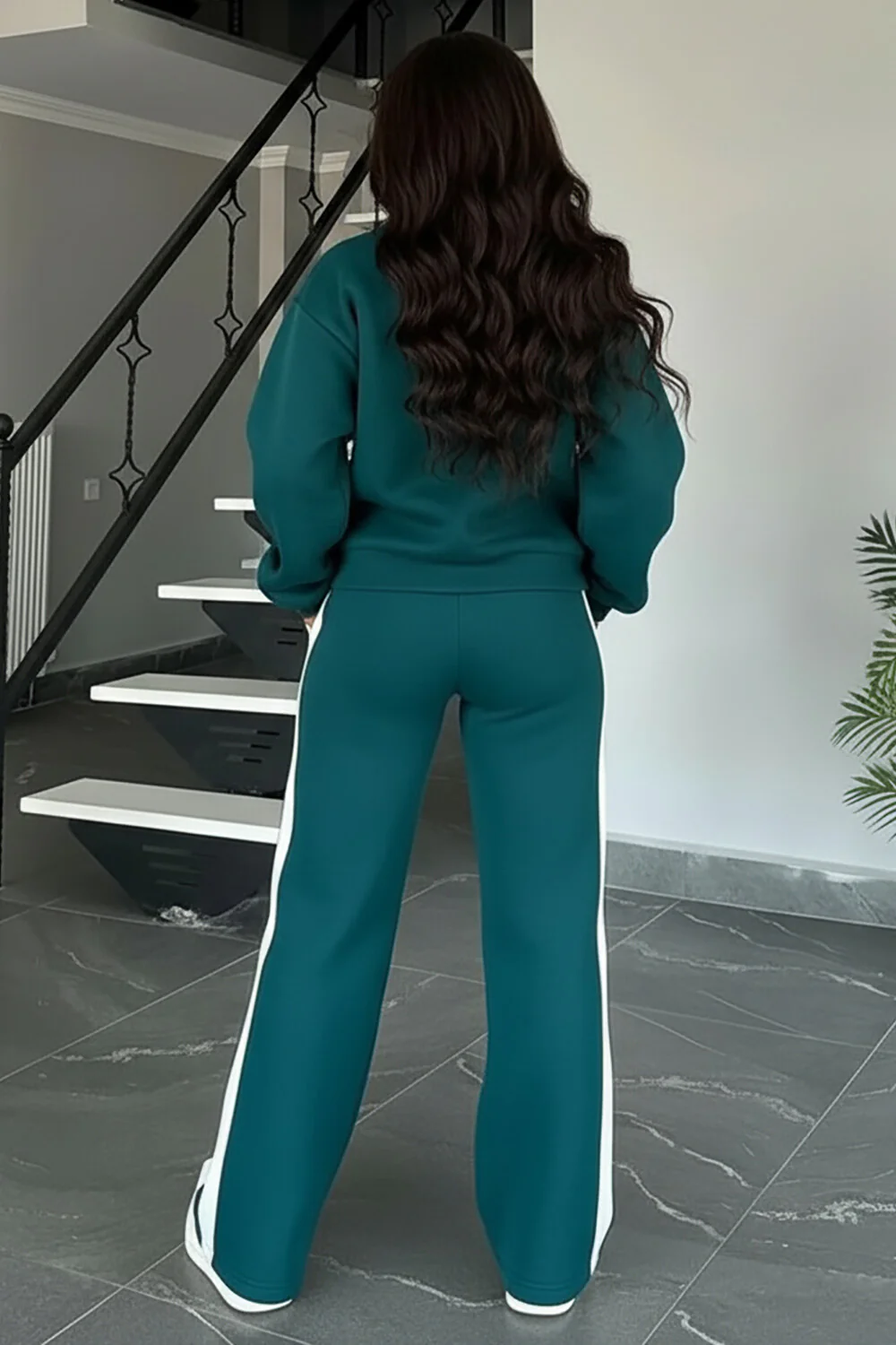 Long Sleeve Track Jacket Colorblock Striped Pants 2pcs Set-Teal [Pre Order]