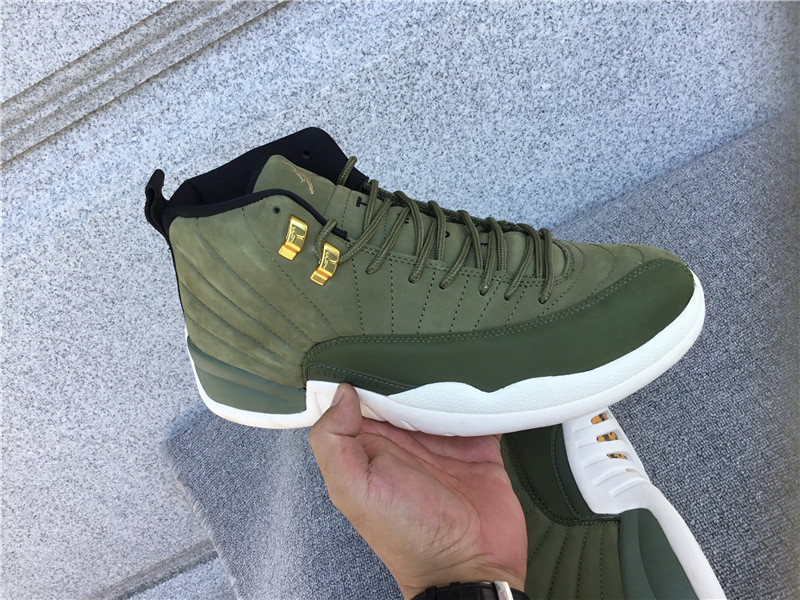 Air Jordan 12 Olive Green Gold Buckle Suede