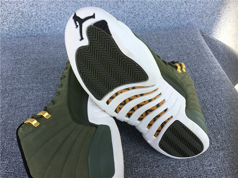 Air Jordan 12 Olive Green Gold Buckle Suede