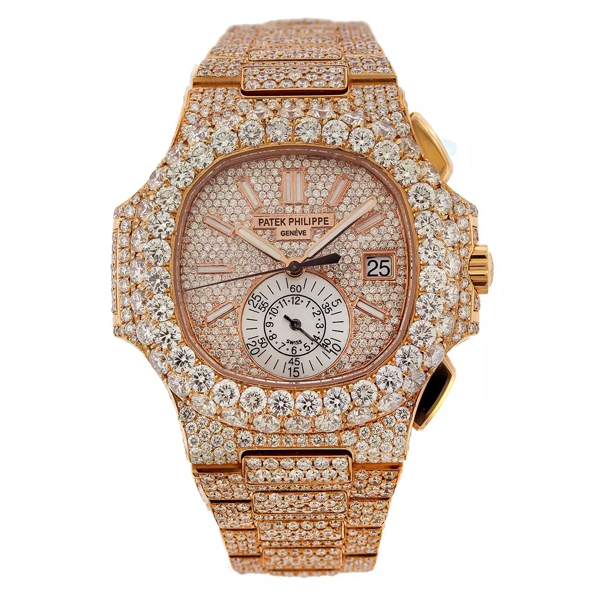 Fully Iced Out Patek Philippe Nautilus Diamond Watch for Men 18k Rose Gold 40.5mm