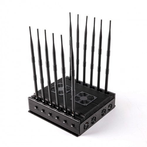 The Latest 5G LTE 4G WIFI GPS LOJACK UHF VHF Drone Jammer with advance cooling system comes with 12 Antennas indoor using adjustable 96W output power Radius up to 80m