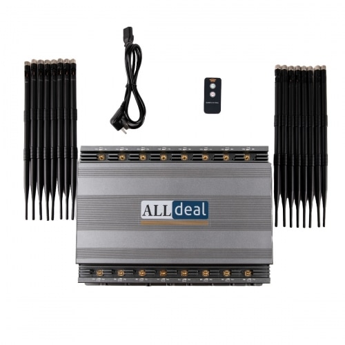 World First 16 bands all-in-one powerful 5G LTE 4G WIFI 5G DRONE GPS LOJACK UHF VHF Signal Jammer with 16 Antennas indoor using adjustable 124W output power radius up to 100M