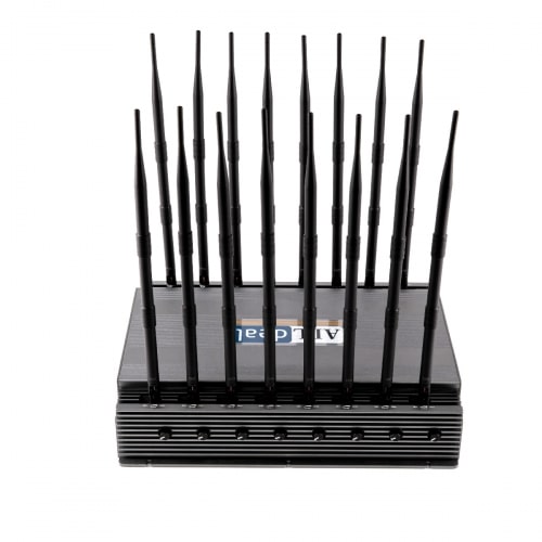 World First 16 bands all-in-one powerful 5G LTE 4G WIFI 5G DRONE GPS LOJACK UHF VHF Signal Jammer with 16 Antennas indoor using adjustable 124W output power radius up to 100M