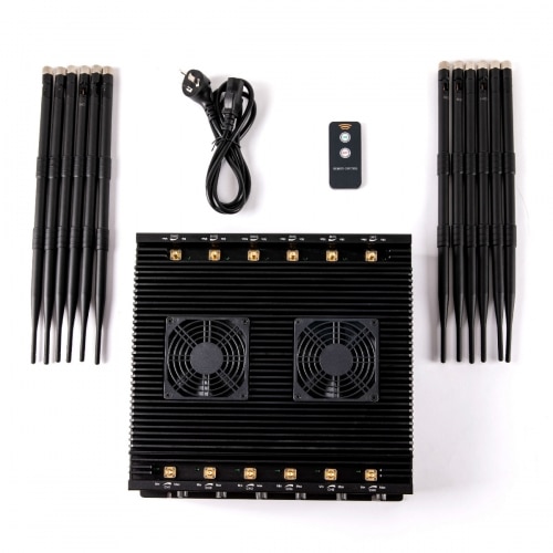 The Latest 5G LTE 4G WIFI GPS LOJACK UHF VHF Drone Jammer with advance cooling system comes with 12 Antennas indoor using adjustable 96W output power Radius up to 80m