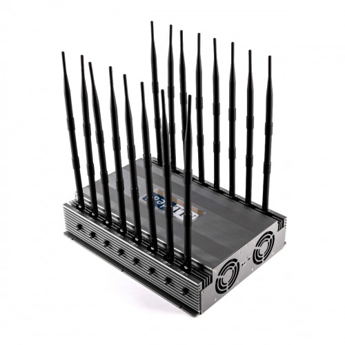 World First 16 bands all-in-one powerful 5G LTE 4G WIFI 5G DRONE GPS LOJACK UHF VHF Signal Jammer with 16 Antennas indoor using adjustable 124W output power radius up to 100M