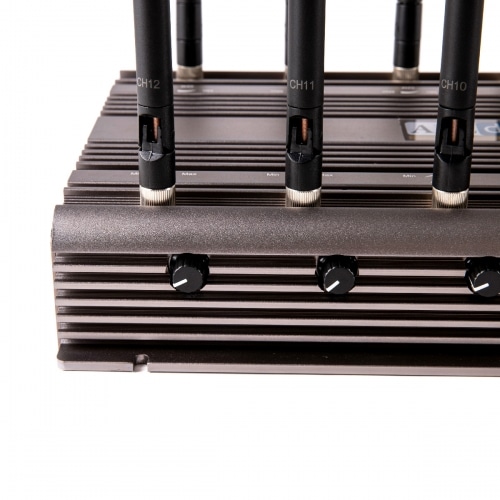 Powerful 5G LTE 4G WIFI GPS LOJACK UHF VHF Drone Signal Jammer with 12 Antennas indoor using adjustable 96W output power Radius up to 80m