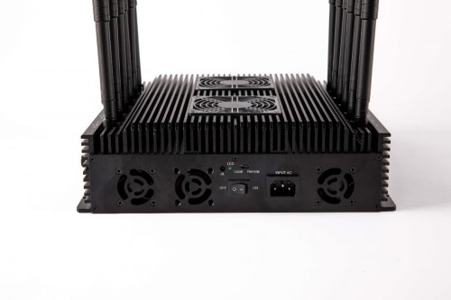 The Latest 5G LTE 4G WIFI GPS LOJACK UHF VHF Drone Jammer with advance cooling system comes with 12 Antennas indoor using adjustable 96W output power Radius up to 80m