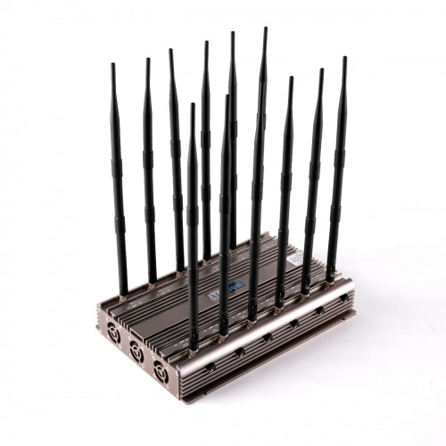 Powerful 5G LTE 4G WIFI GPS LOJACK UHF VHF Drone Signal Jammer with 12 Antennas indoor using adjustable 96W output power Radius up to 80m
