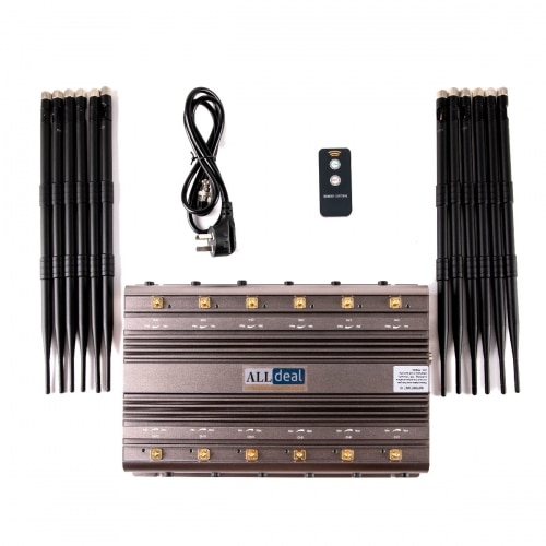 Powerful 5G LTE 4G WIFI GPS LOJACK UHF VHF Drone Signal Jammer with 12 Antennas indoor using adjustable 96W output power Radius up to 80m
