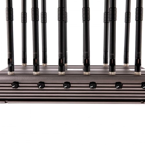 Powerful 5G LTE 4G WIFI GPS LOJACK UHF VHF Drone Signal Jammer with 12 Antennas indoor using adjustable 96W output power Radius up to 80m
