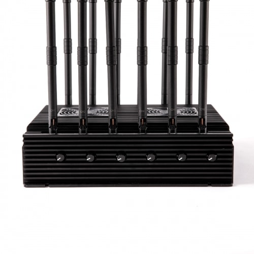 The Latest 5G LTE 4G WIFI GPS LOJACK UHF VHF Drone Jammer with advance cooling system comes with 12 Antennas indoor using adjustable 96W output power Radius up to 80m