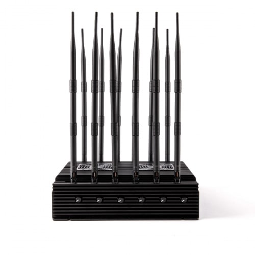 The Latest 5G LTE 4G WIFI GPS LOJACK UHF VHF Drone Jammer with advance cooling system comes with 12 Antennas indoor using adjustable 96W output power Radius up to 80m