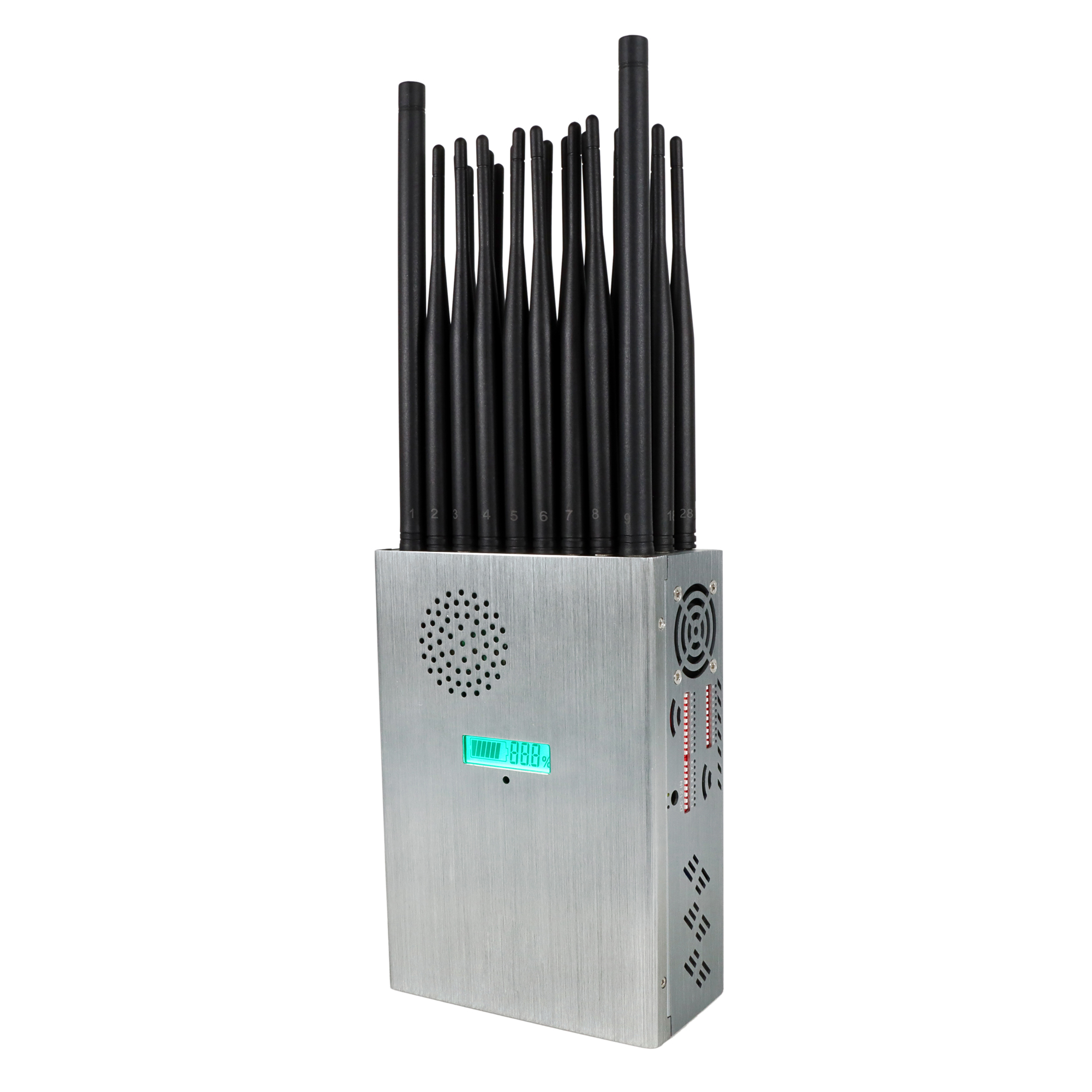 New Handheld 28 Bands FM Radio Wi-Fi6E Wi-Fi2.4G Wi-Fi5G GPS LOJACK LORA UHF VHF 433 315 868 CDMA GSM 3G 4G 5G Cell Phone Signal Jammer, Battery capacity LCD Display, With Nylon Cover For Portable , 28 Watts Jamming up to 25m