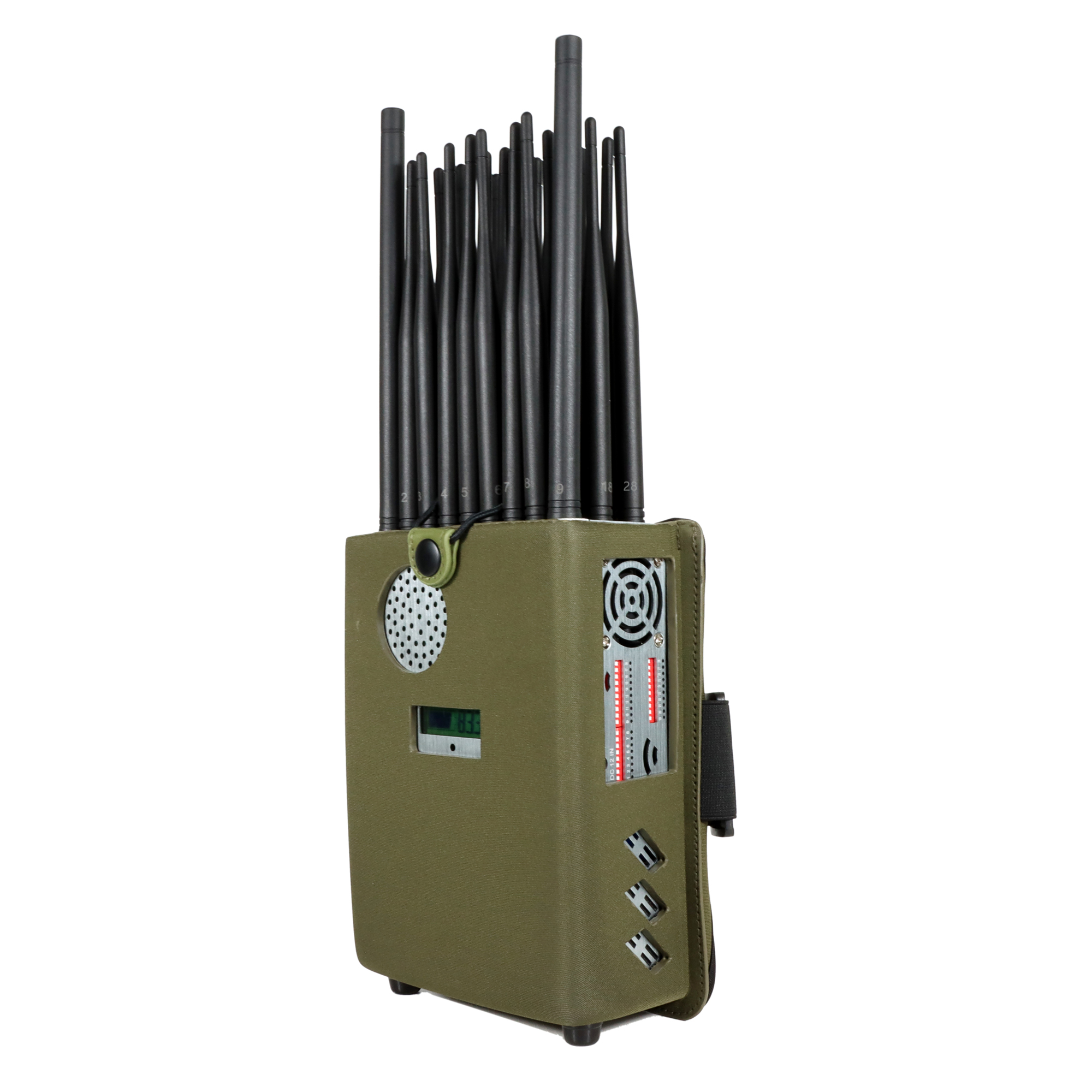 New Handheld 28 Bands FM Radio Wi-Fi6E Wi-Fi2.4G Wi-Fi5G GPS LOJACK LORA UHF VHF 433 315 868 CDMA GSM 3G 4G 5G Cell Phone Signal Jammer, Battery capacity LCD Display, With Nylon Cover For Portable , 28 Watts Jamming up to 25m