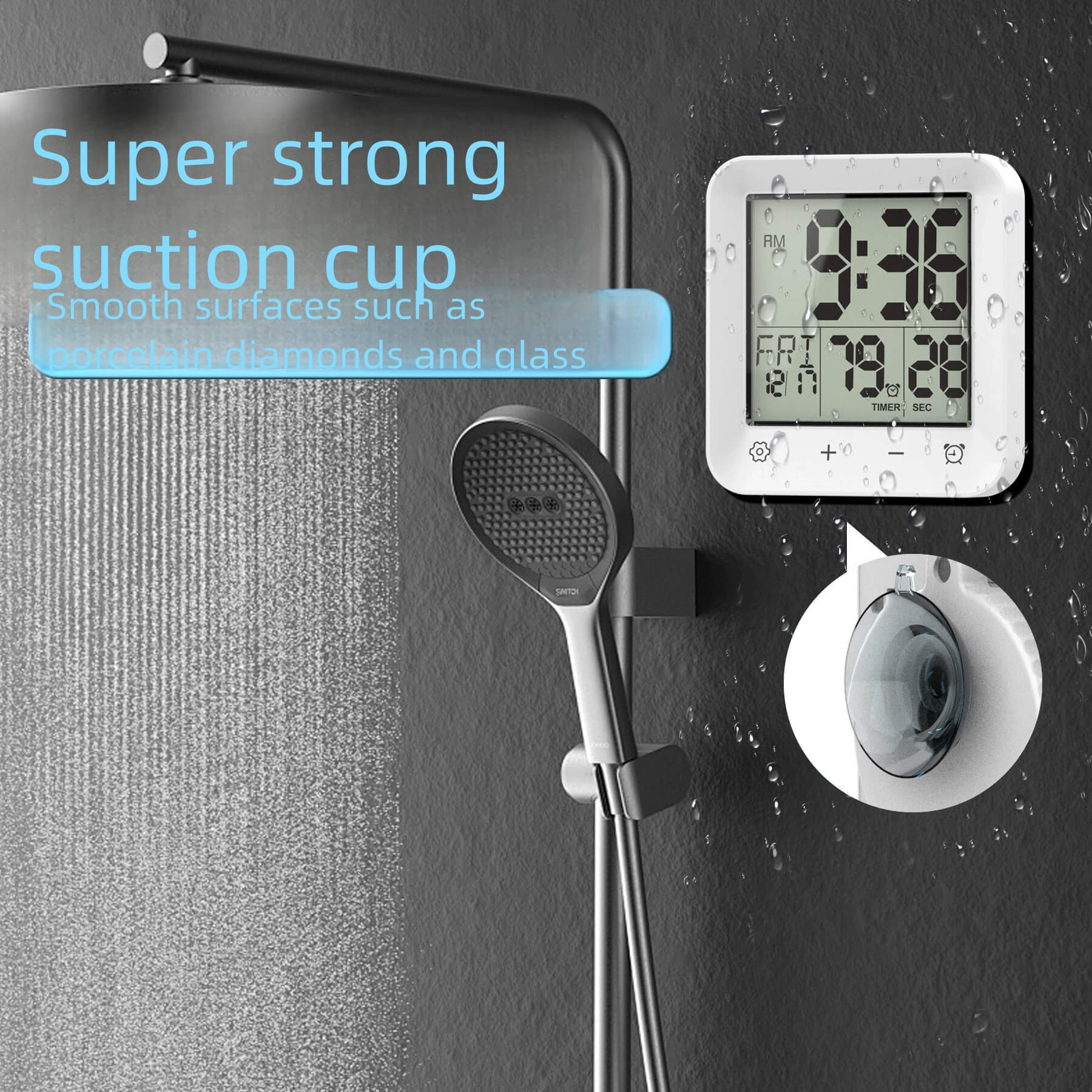 LIORQUE Waterproof Suction-Cup Bathroom Clock with Temperature Display – Wall-Mounted - LIORQUE