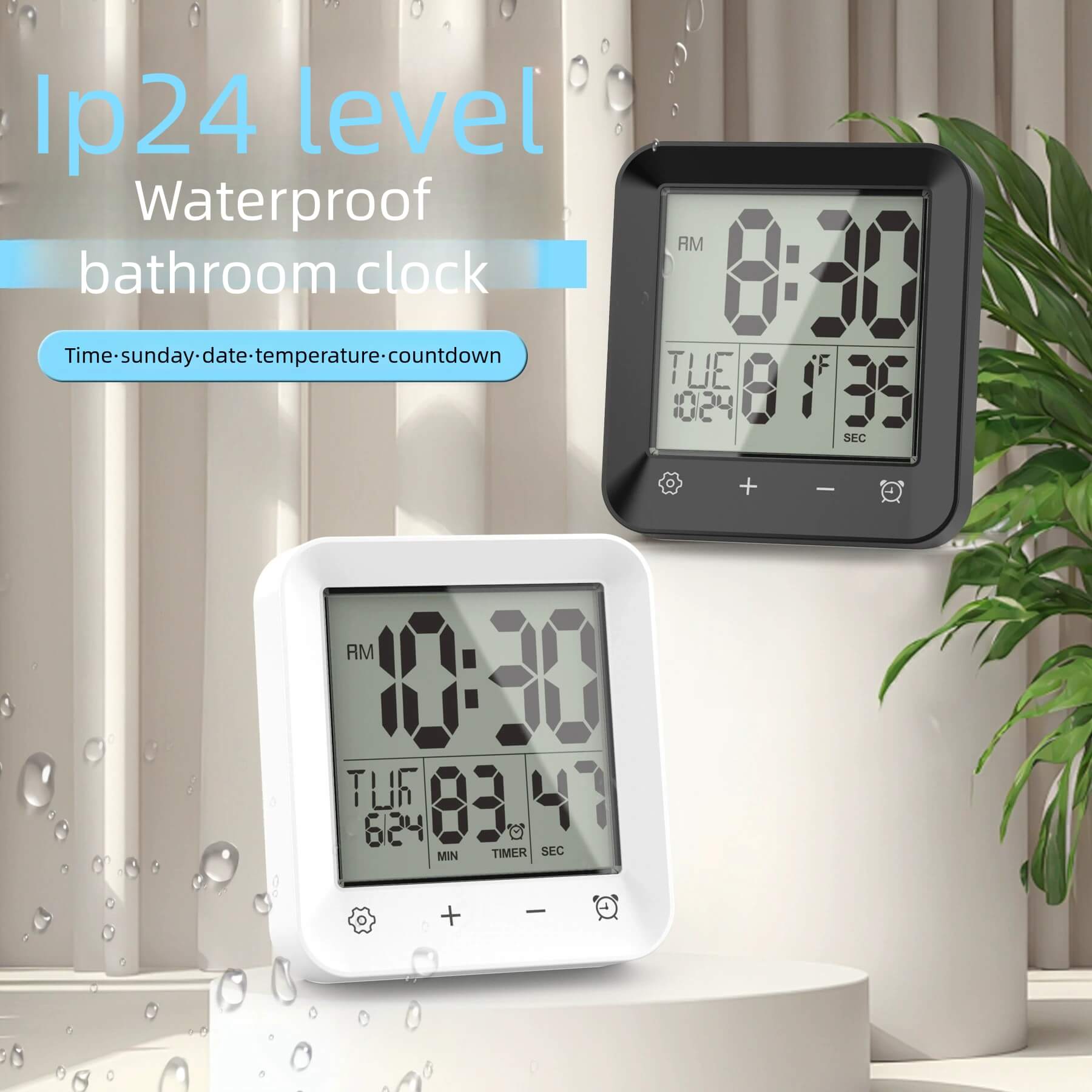 LIORQUE Waterproof Suction-Cup Bathroom Clock with Temperature Display – Wall-Mounted - LIORQUE