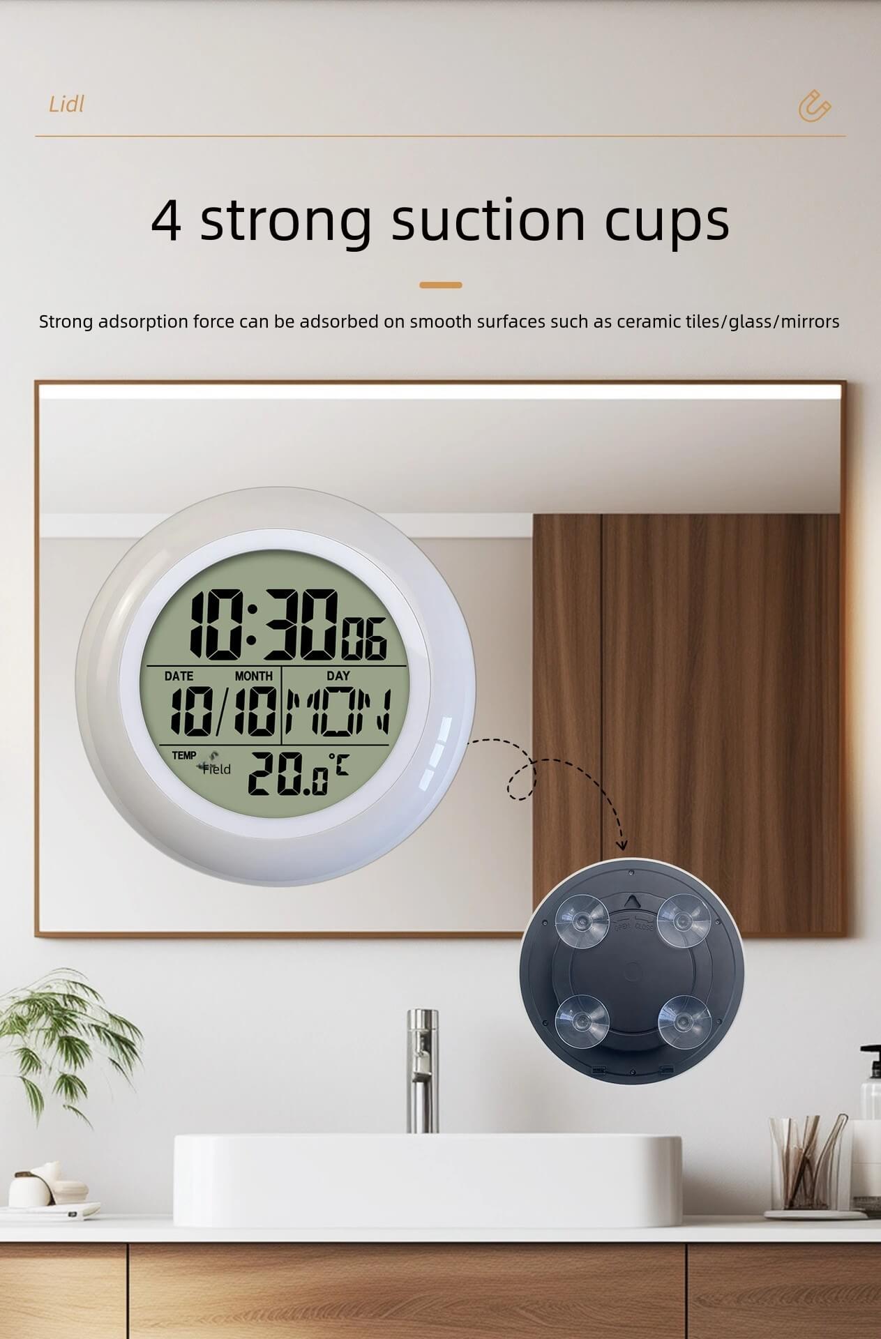 LIORQUE No-Drill Suction-Cup Wall-Mounted IPX4 Dustproof & Waterproof Kitchen & Bathroom Clock - LIORQUE