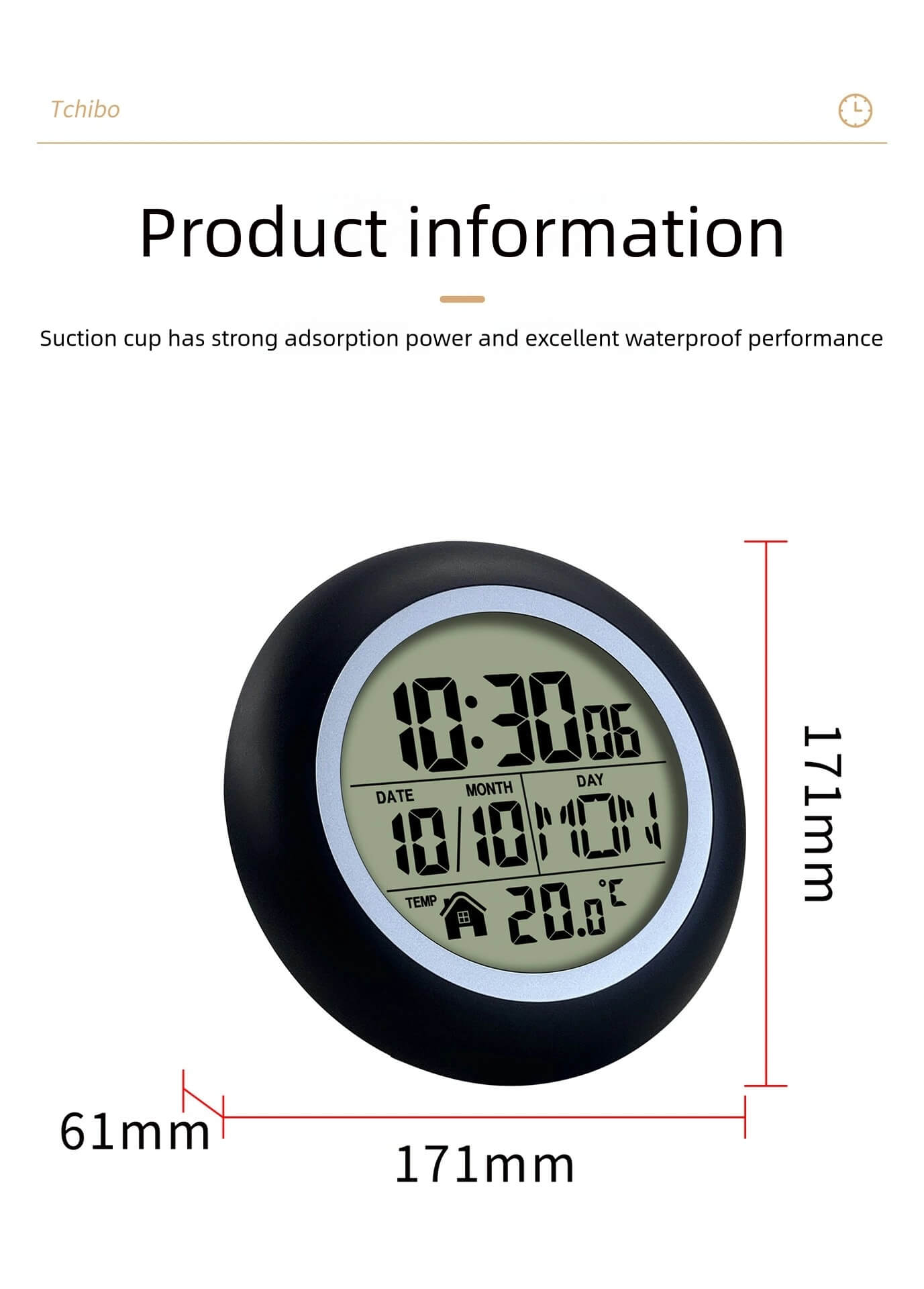 LIORQUE No-Drill Suction-Cup Wall-Mounted IPX4 Dustproof & Waterproof Kitchen & Bathroom Clock - LIORQUE