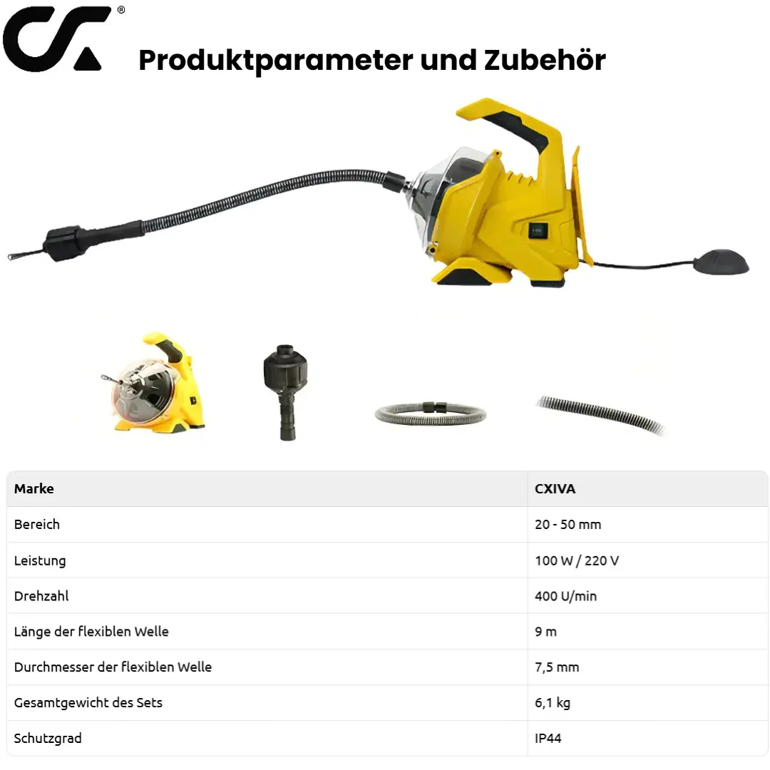 Infografik zur Produktstruktur und den technischen Parametern der Abflussreinigungsmaschine CXJY-100