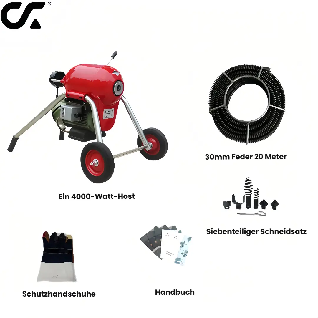 Lieferumfang des CXHW-4000 Kanalreinigers: 4000-Watt-Gerät, 20-Meter-Feder, siebenteiliger Schneidsatz und Schutzhandschuhe