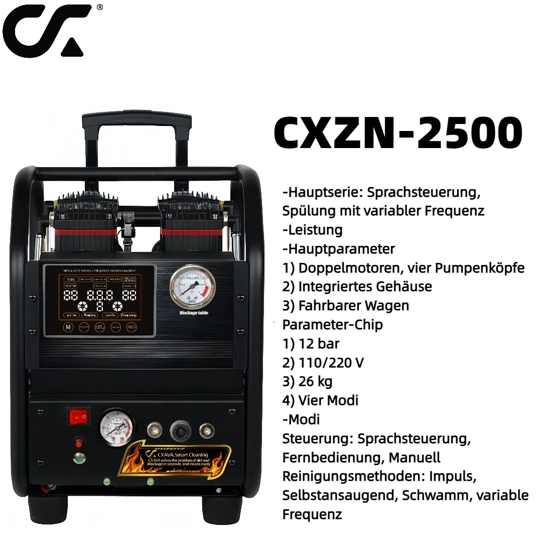 Technische Übersicht des Wasserleitungs-Spülgeräts CXZN-2500 mit Auflistung der Hauptfunktionen wie Doppelmotoren und 12 bar Druck