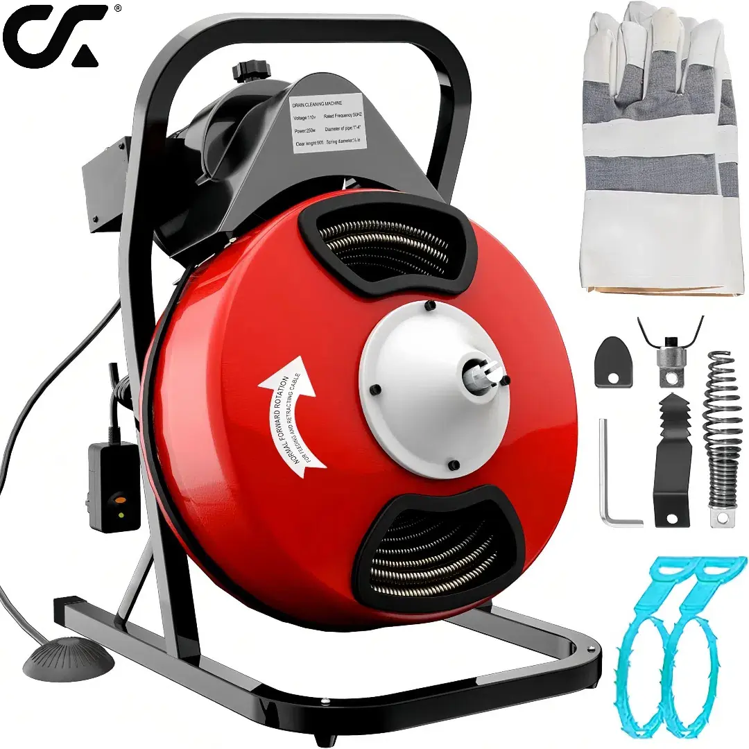 Kompletter Lieferumfang der CXGS-250 Rohrreinigungsmaschine, inklusive verschiedener Aufsätze, Handschuhe und Werkzeug