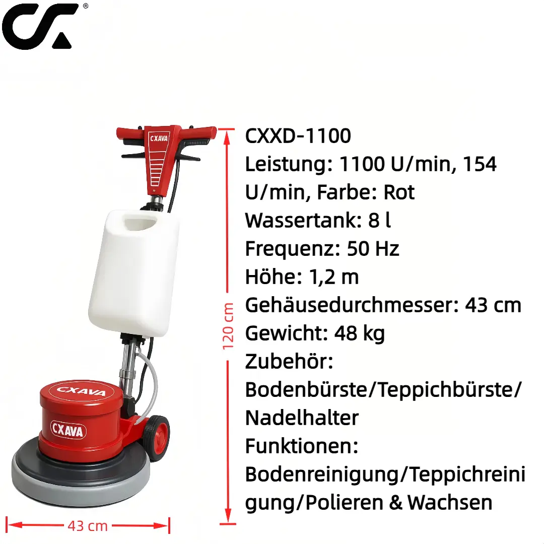 Technische Daten der CXXD-1100 Bodenmaschine mit 1100W Leistung, 8L Wassertank und Funktionen zum Polieren und Reinigen