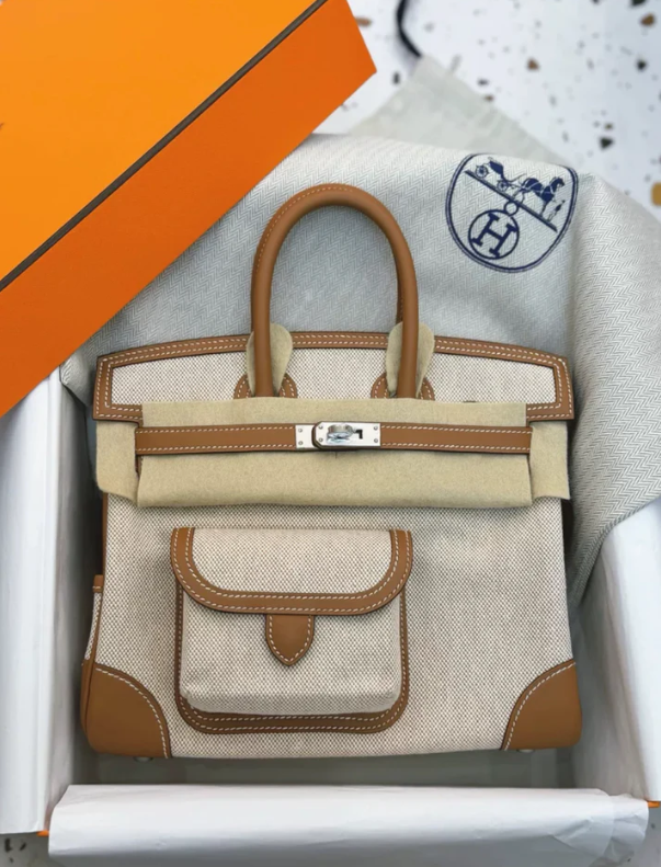 HERMÈS Limited Edition Birkin Cargo 25-35 in Gold Swift leather and Canvas with Palladium hardware