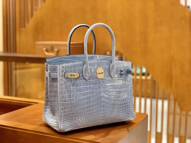 Hermes Birkin 25-30cm light blue color, gold buckle, first-class leather, Niliro crocodile skin, top quality level