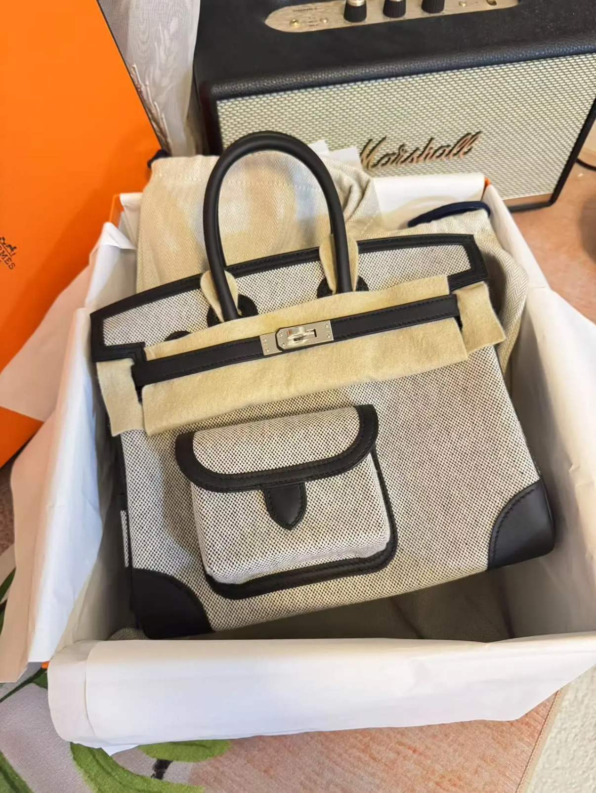 HERMÈS Limited Edition Birkin Cargo 25-35 in Black panda leather and Canvas with Palladium hardware