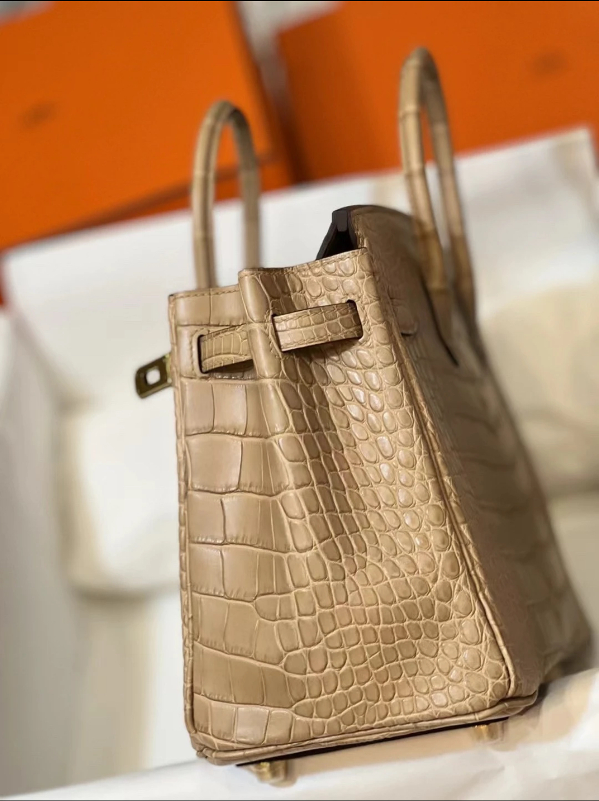 Hermes Birkin 25-30 tea-colored gold buckle, matte crocodile leather lining