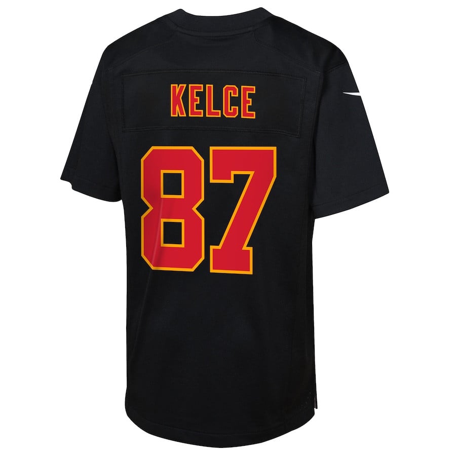 Travis Kelce 87 Kansas City Chiefs Super Bowl LIX Patch Fashion Game Carbon Black NFL Jersey Youth