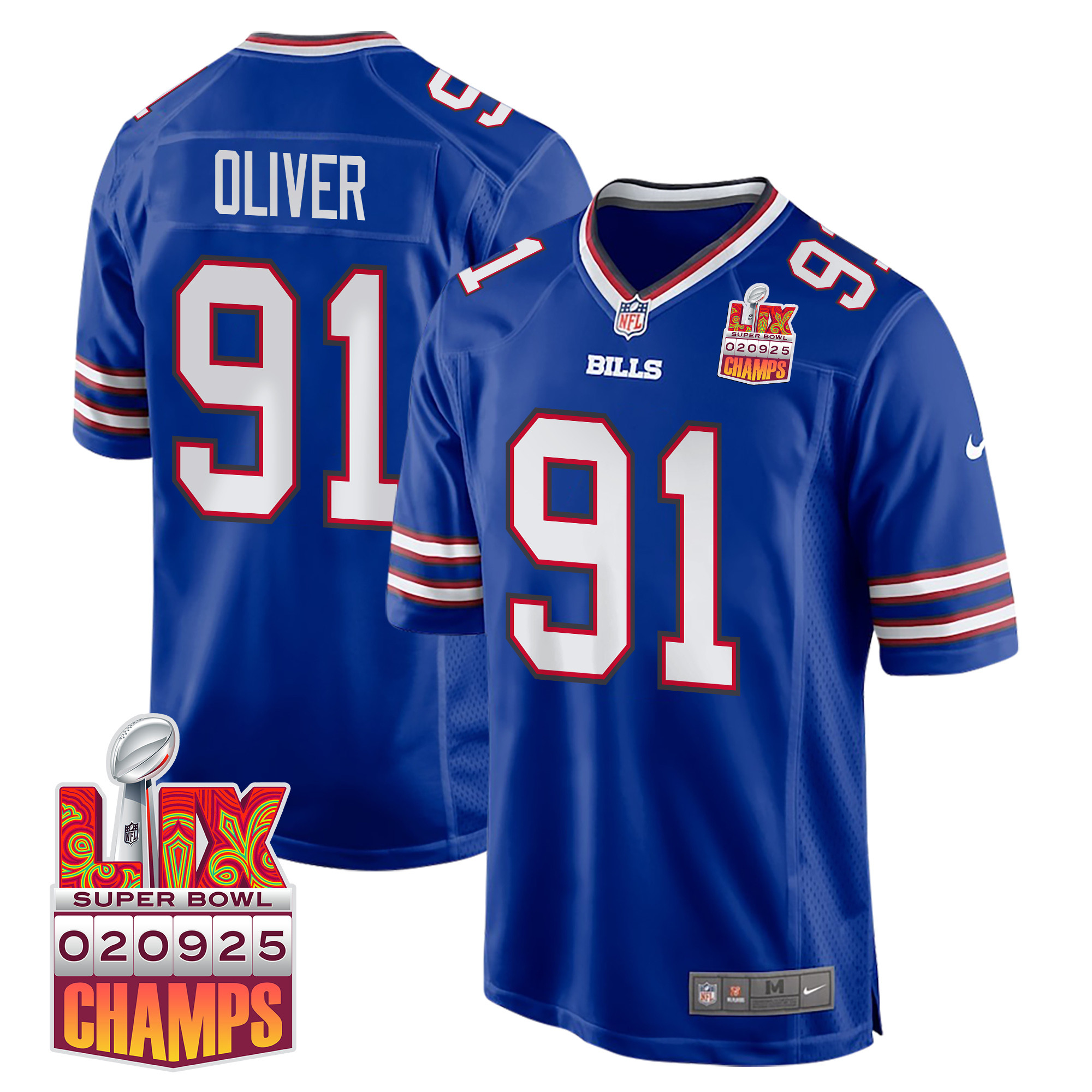 Ed Oliver 91 Buffalo Bills Super Bowl LIX Champions Patch Game Royal NFL Jersey Men's