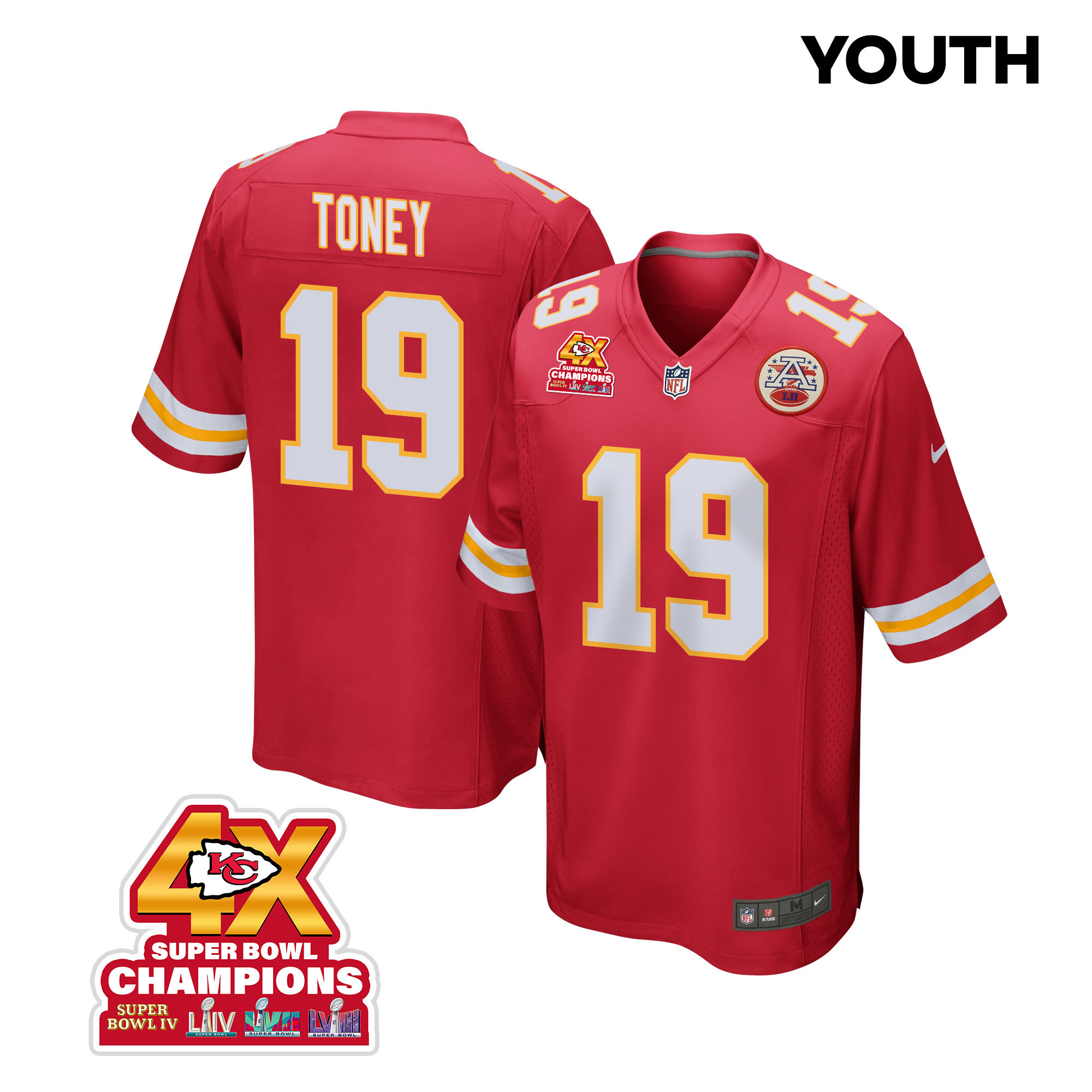 Kadarius Toney 19 Kansas City Chiefs Super Bowl LVIII Champions 4X Game Red NFL Jersey Youth