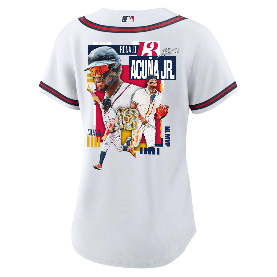 Ronald Acu?a Jr. 13 Atlanta Braves Signed MVP 2023 Home Player White Red MLB Jersey Women's