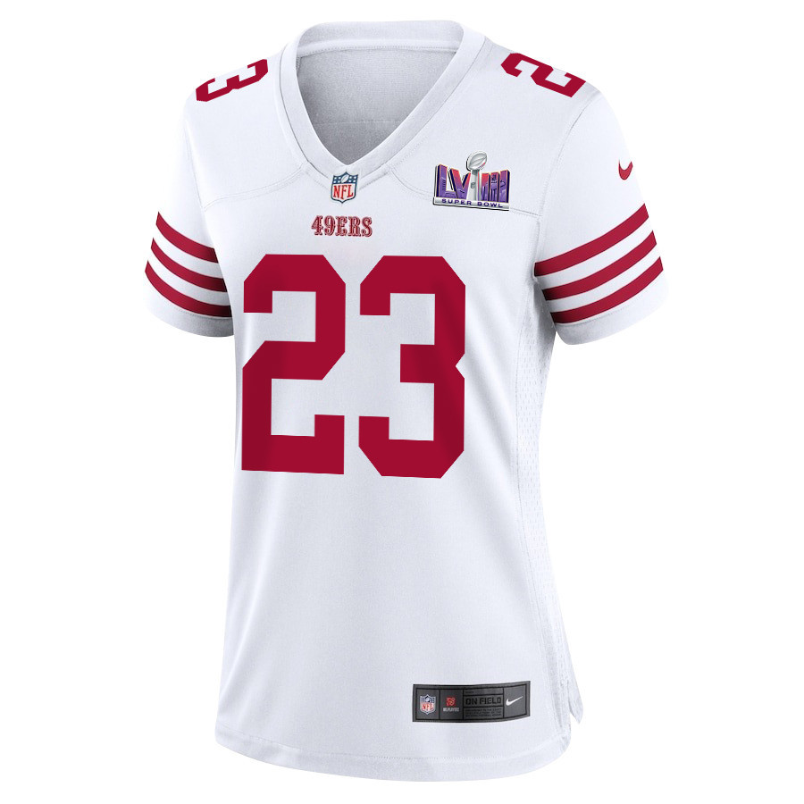 Christian McCaffrey 23 San Francisco 49ers Super Bowl LVIII Patch Game White NFL Jersey Women's
