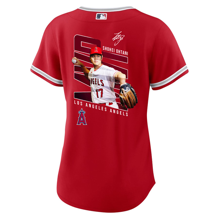 Shohei Ohtani 17 Los Angeles Angels Signed Logo 2023 Alternate Player Red MLB Jersey Women's