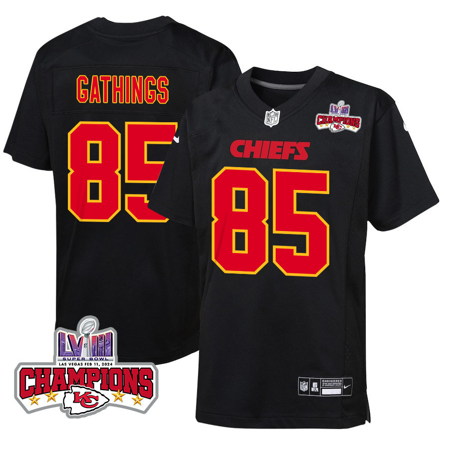 Izaiah Gathings 85 Kansas City Chiefs Super Bowl LVIII Champions 4 Stars Patch Fashion Game Carbon Black NFL Jersey Youth