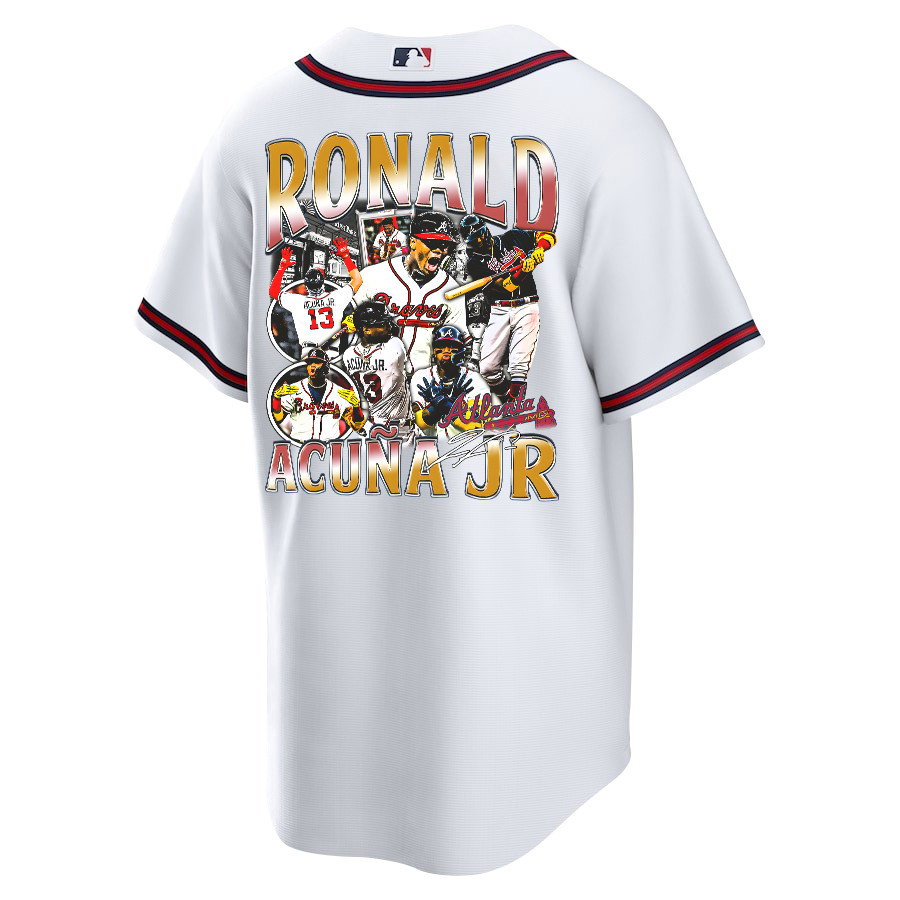 Ronald Acu?a Jr. 13 Atlanta Braves Signed Posture 2023 Home Player White Red MLB Jersey Men's