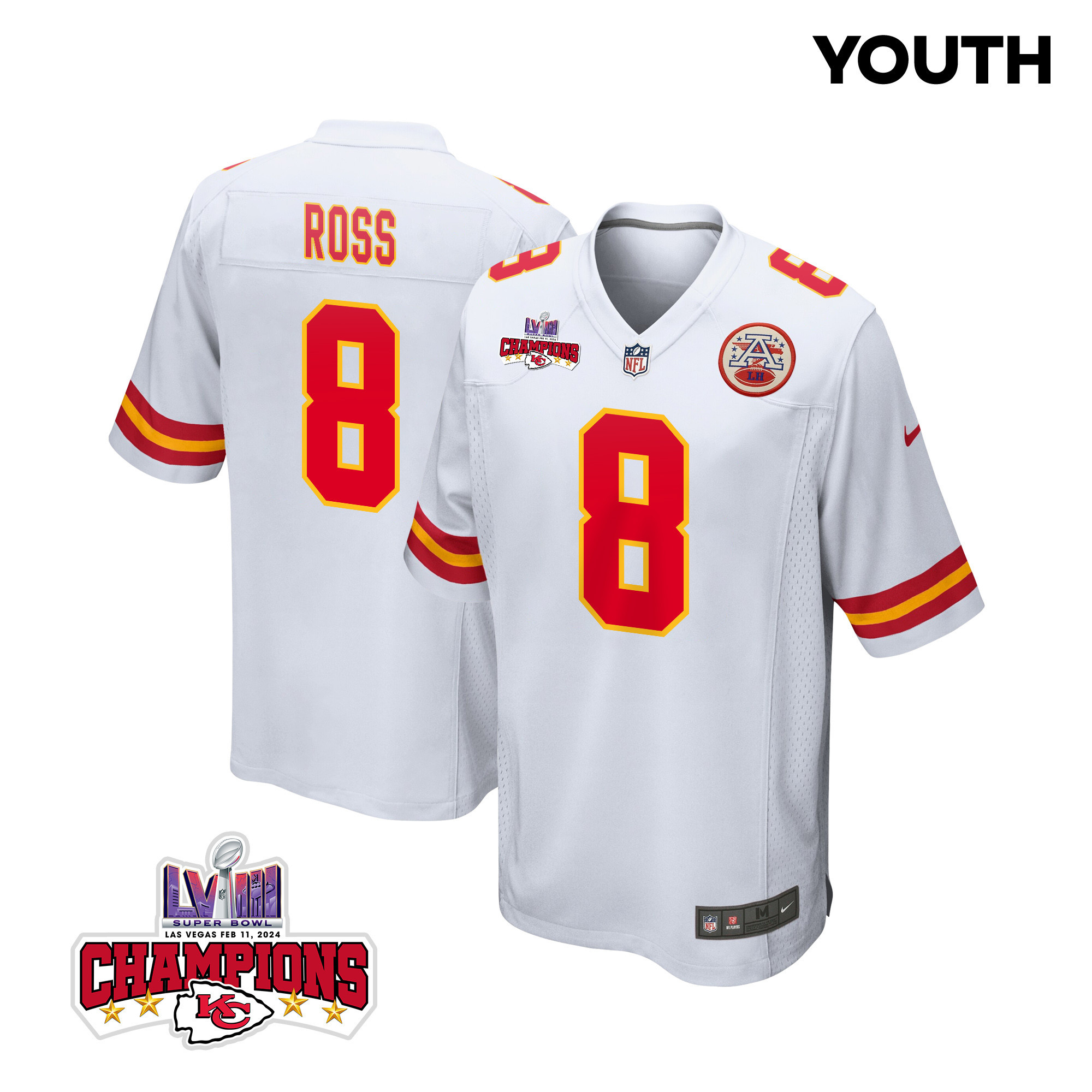 Justyn Ross 8 Kansas City Chiefs Super Bowl LVIII Champions 4 Stars Patch Game White NFL Jersey Youth